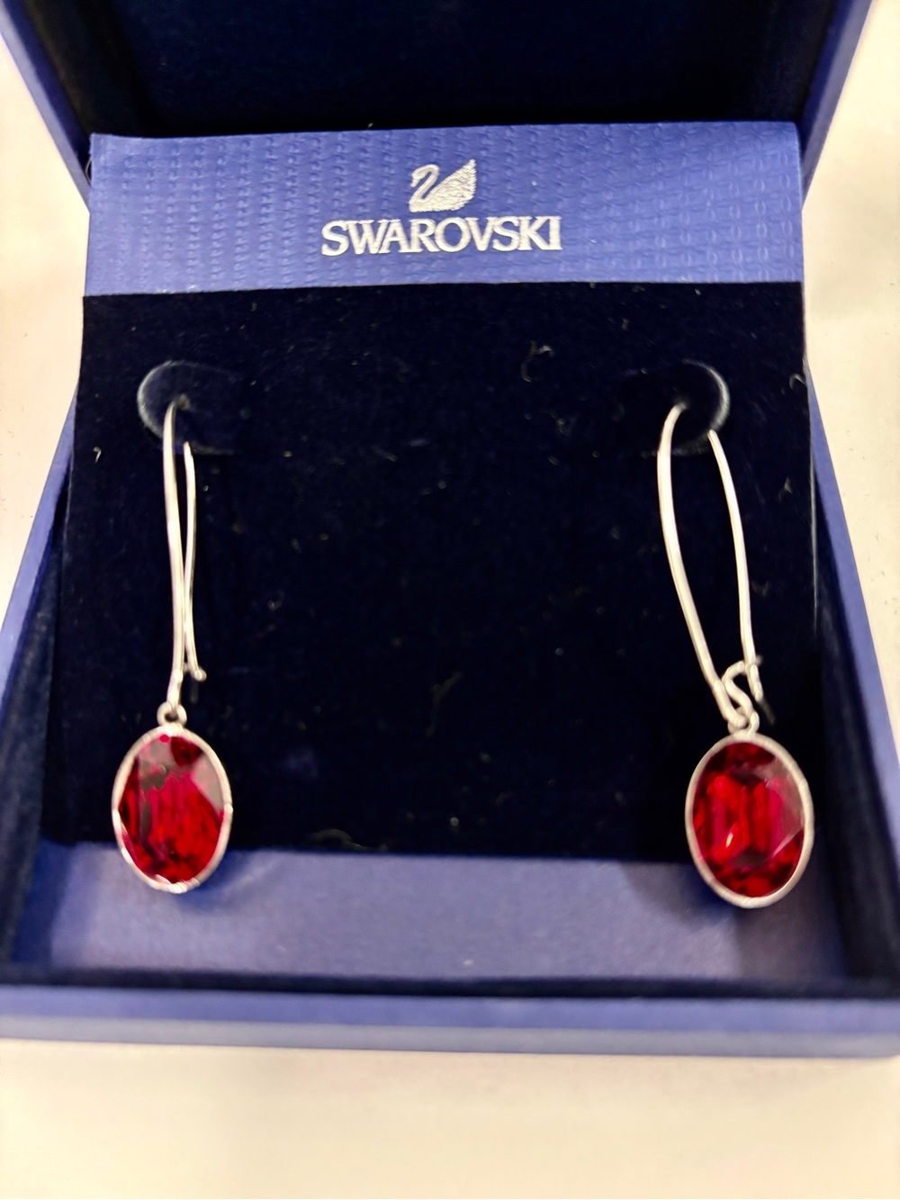 Vintage Swarovski "Puzzle" Ruby Red Crystal Oval Drop Hoop Earrings Silver Tone
